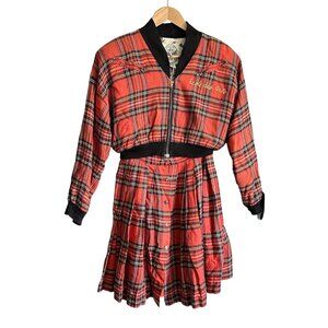 Vintage 90s 80s Y2K Jou Jou Jacket and Skirt Suit Red Plaid Embroidered Harajuku